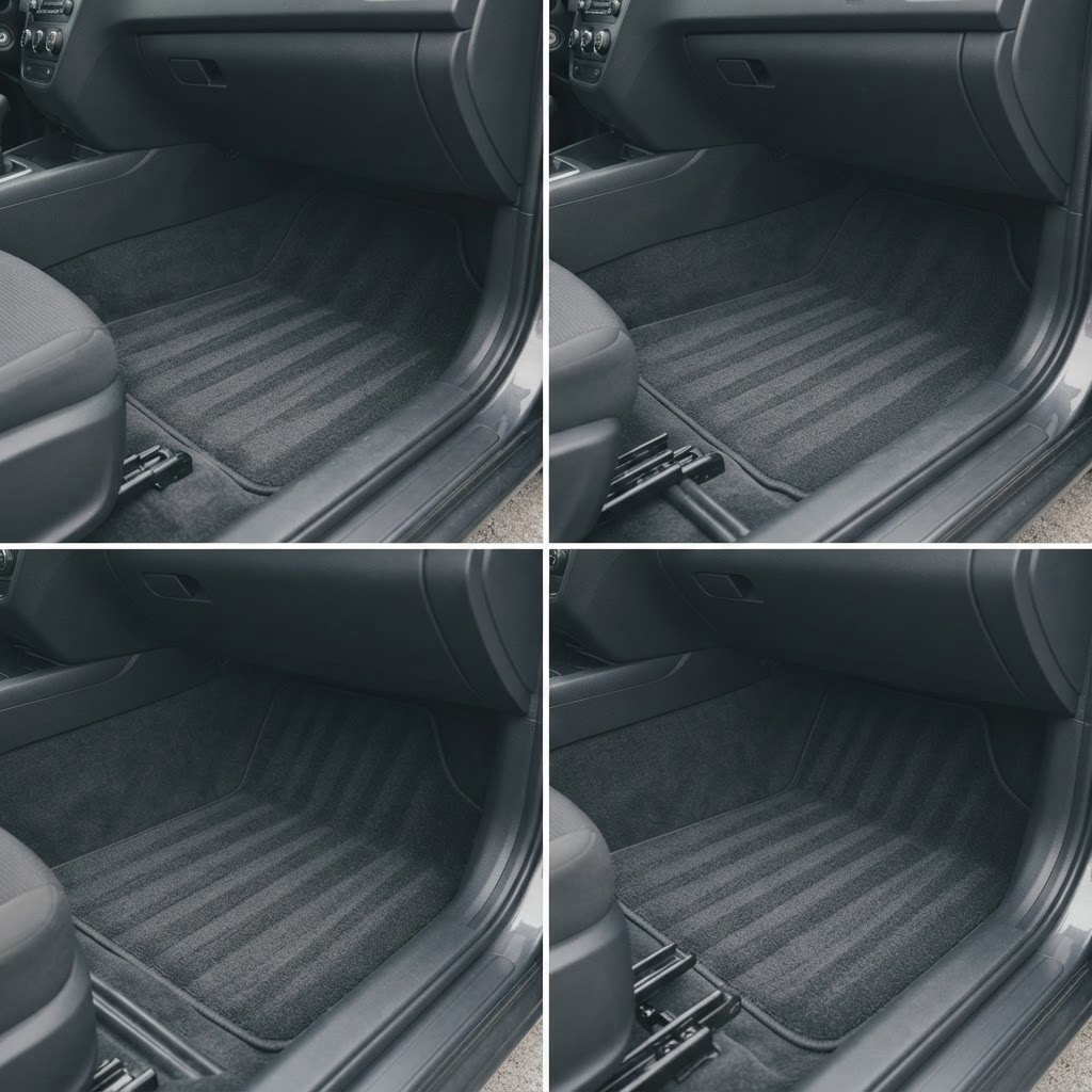 The same car footwell and seat after cleaning, with clean carpet pile