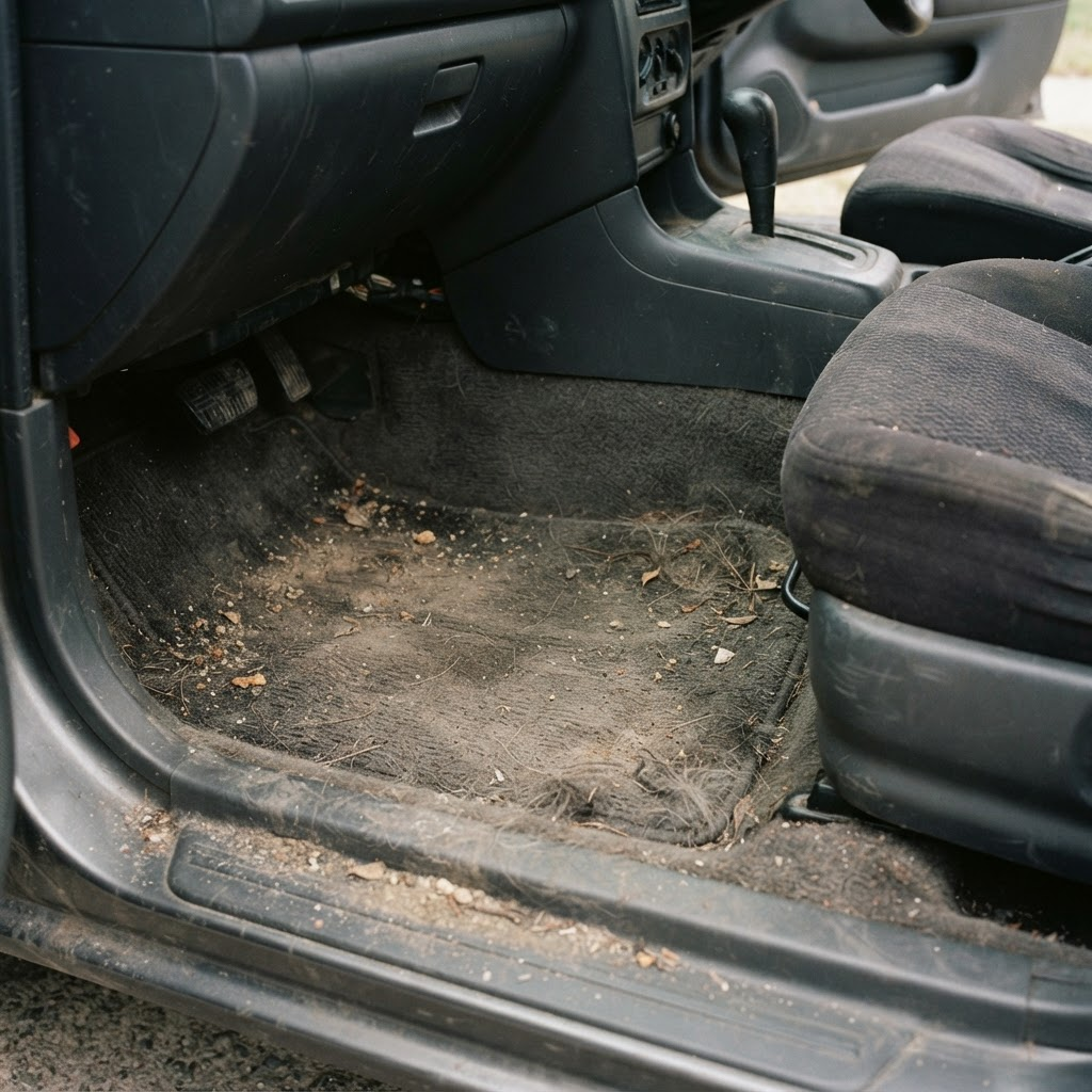 A car footwell and seat with dust, crumbs and pet hair worked into the carpet