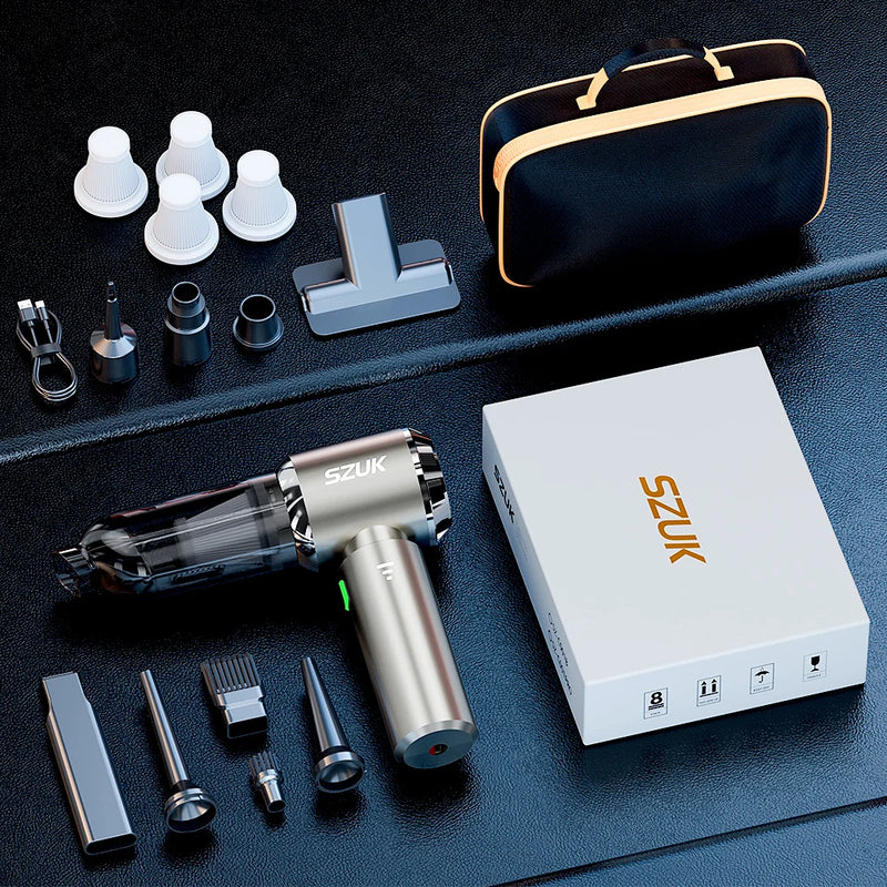 The Veylans Premium kit: handheld unit, six attachments, five HEPA filters, USB-C cable, retail box and a zipped carry case